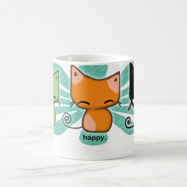 happy.happy.meh kitties with aqua flower on a mug (Center)