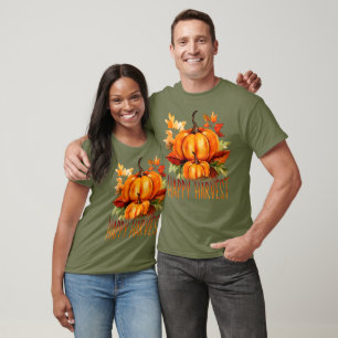 "Happy Harvest" Watercolor Pumpkin & Fall Leaves T-Shirt