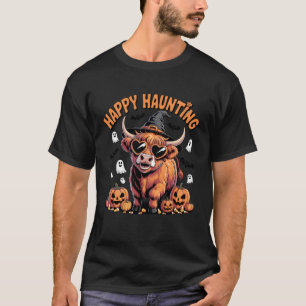 Happy Haunting Highland Cow Witch Pumpkin Ghosts T-Shirt