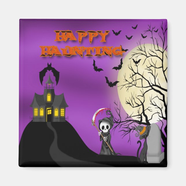 Happy Haunting Reaper Square Magnet (Front)