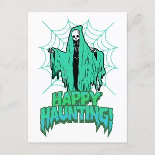 Happy Haunting: Spooky Green Grim Reaper Halloween Holiday Postcard