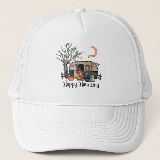 Happy Haunting – Spooky Witch and Camper Van Trucker Hat (Front)