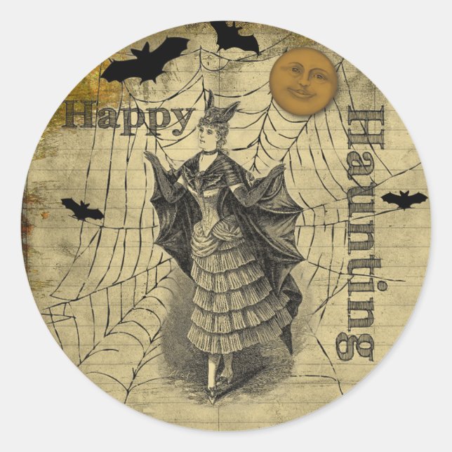 Happy Haunting Vintage Halloween Bat Classic Round Sticker (Front)