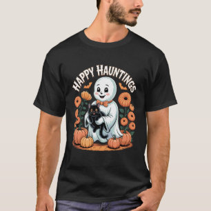 Happy Hauntings Cute Ghost and Black Cat Design T-Shirt
