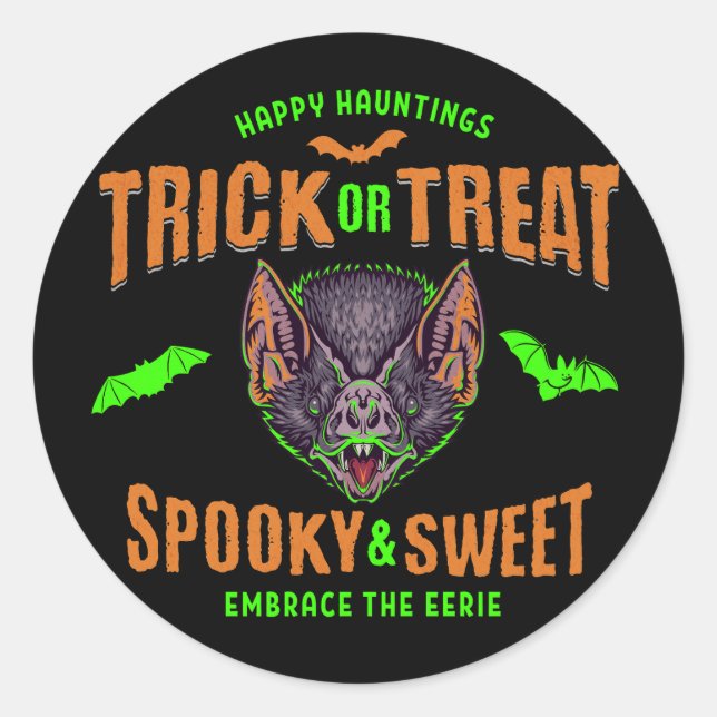 Happy Hauntings | Trick or Treat Halloween Bats Classic Round Sticker (Front)
