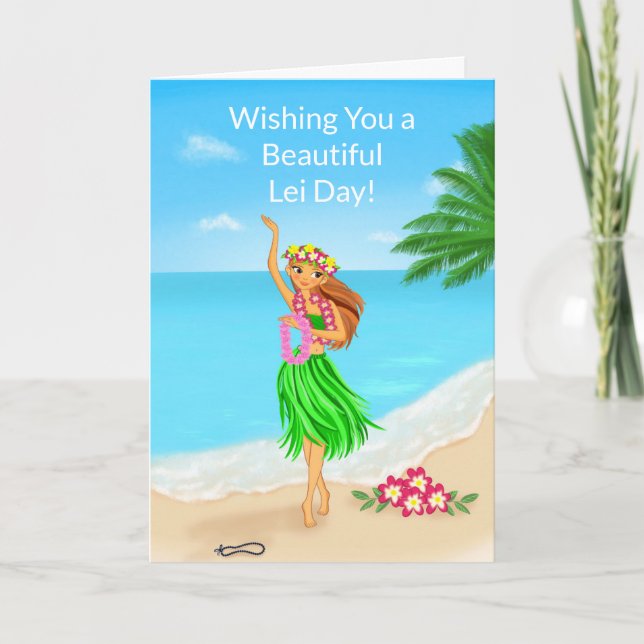 Happy Hawaiian Lei Day Hula Girl Beach Card (Front)