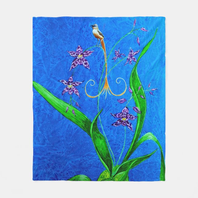 Happy Hawaiian Orchid Bird Fleece Blanket (Front)