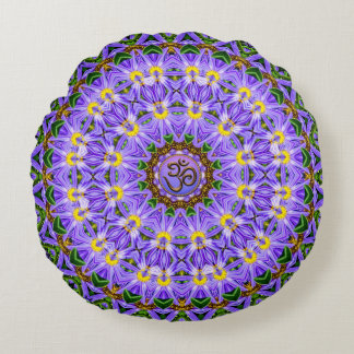 Happy Healing Purple Yellow Mandala OM Yoga Round Cushion