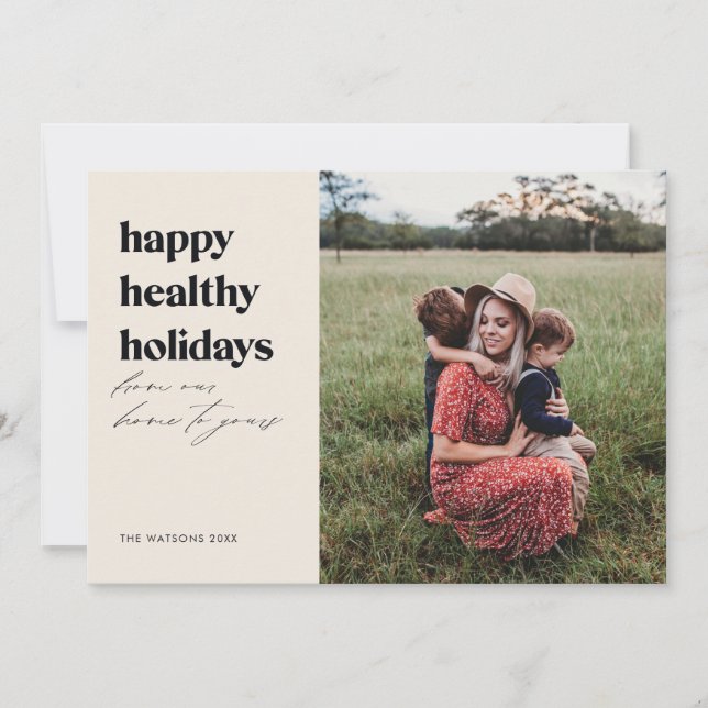 Happy Healthy Holidays Photo Ivory and Black Holiday Card (Front)