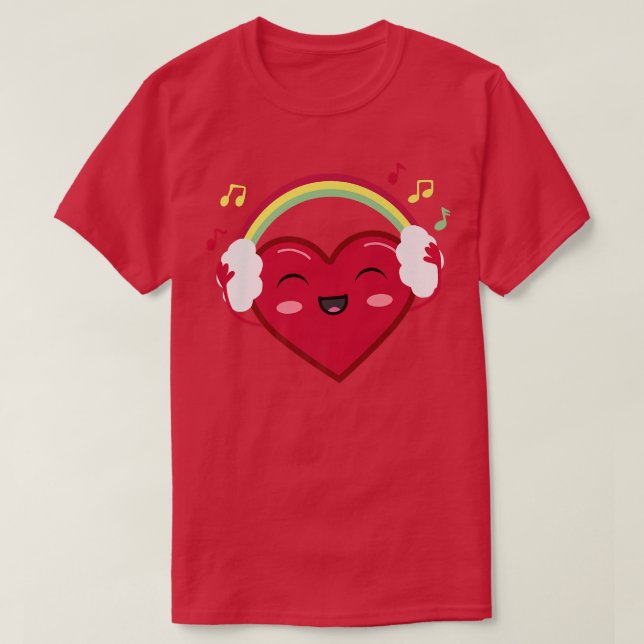 Happy Heart With Rainbow Headphones And Music Love T-Shirt (Design Front)