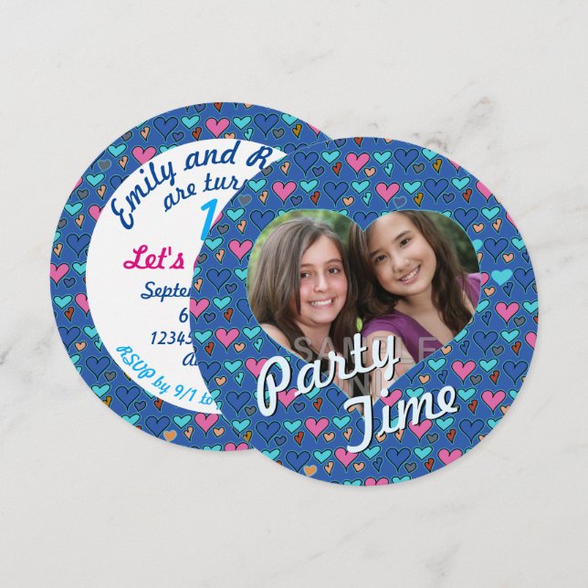 Happy Hearts 13th Twin Birthday Party Invitations (Front/Back)