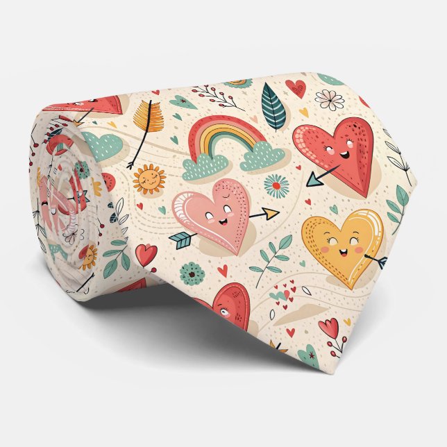 Happy Hearts - Whimsical Valentine's Day Pattern Tie (Rolled)