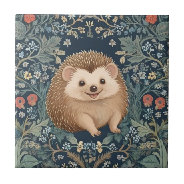 Happy Hedgehog William Morris style Right Floral Tile (Front)
