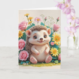 Happy Hedgehog with Flowers Blank Card