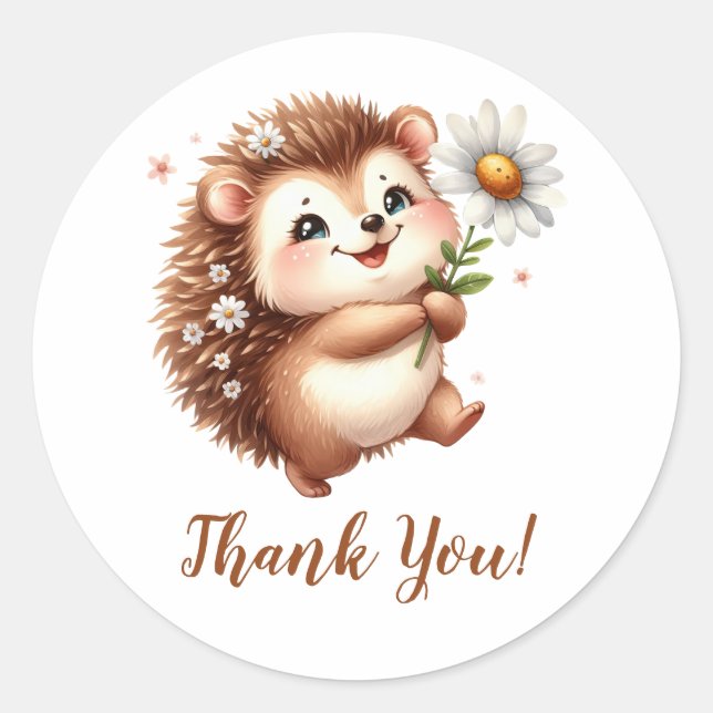 Happy Hedgehog with Sunflower Thank You Classic Round Sticker (Front)