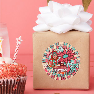 Happy Hippie Birthday Retro Colors Classic Round Sticker