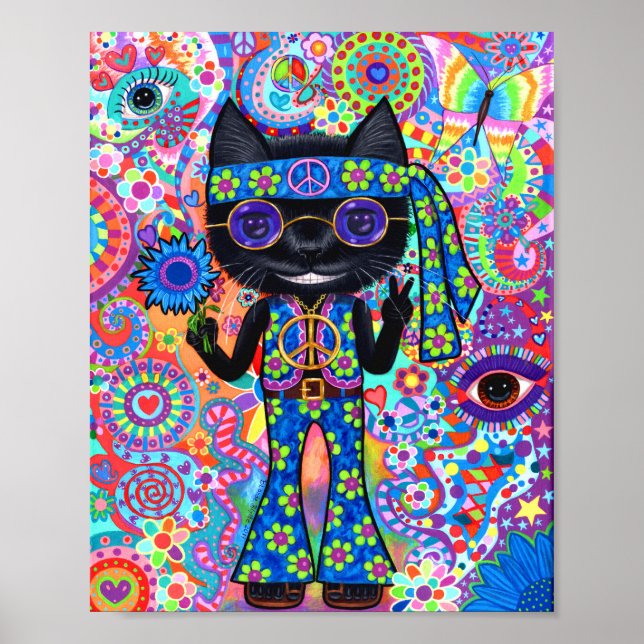 Happy Hippie Cat Peace Sign Purple Sunglasses '60s (Front)