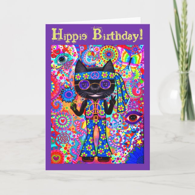 Happy Hippie Cat Peace Sign Purple Sunglasses '60s Card (Front)