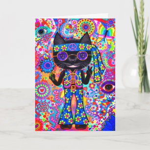 Happy Hippie Cat Peace Sign Purple Sunglasses '60s Card