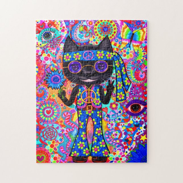 Happy Hippie Cat Sunglasses Peace Sign Flower '60s Jigsaw Puzzle (Vertical)