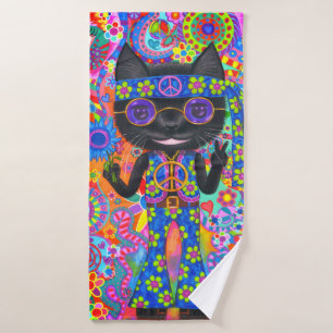 Happy Hippie Cat Sunglasses Peace Sign Flower Bath Towel