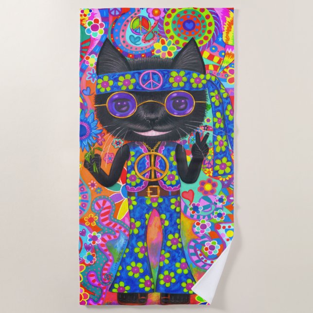 Happy Hippie Cat Sunglasses Peace Sign Flower Beach Towel (Front)