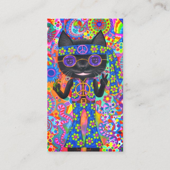 Happy Hippie Cat Sunglasses Peace Sign Flower Business Card (Front)