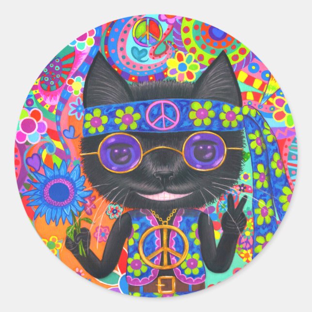 Happy Hippie Cat Sunglasses Peace Sign Flower Classic Round Sticker (Front)