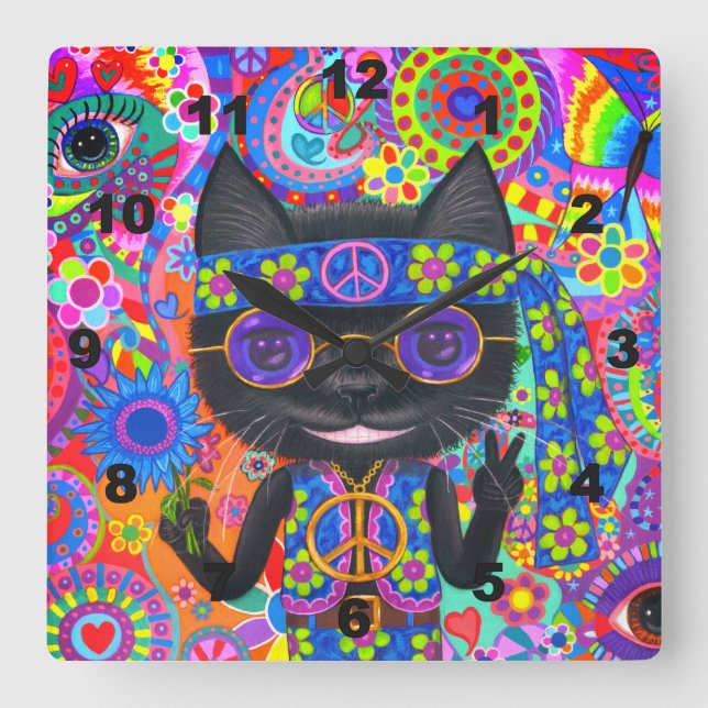 Happy Hippie Cat Sunglasses Peace Sign Flower Cute Square Wall Clock (Front)