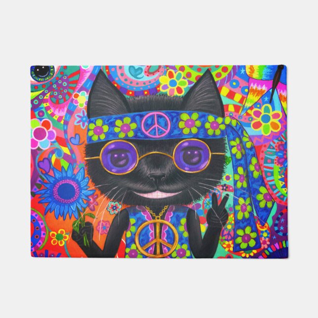 Happy Hippie Cat Sunglasses Peace Sign Flower Doormat (Front)