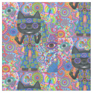 Happy Hippie Cat Sunglasses Peace Sign Flower Fabric