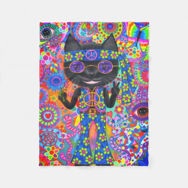 Happy Hippie Cat Sunglasses Peace Sign Flower Fleece Blanket (Front)
