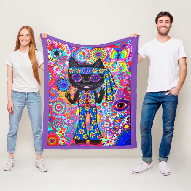 Happy Hippie Cat Sunglasses Peace Sign Flower Fleece Blanket (In Situ)