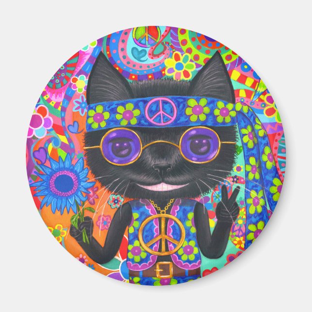 Happy Hippie Cat Sunglasses Peace Sign Flower Magnet (Front)
