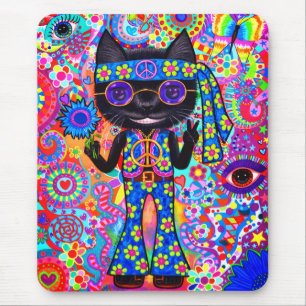 Happy Hippie Cat Sunglasses Peace Sign Flower Mouse Mat