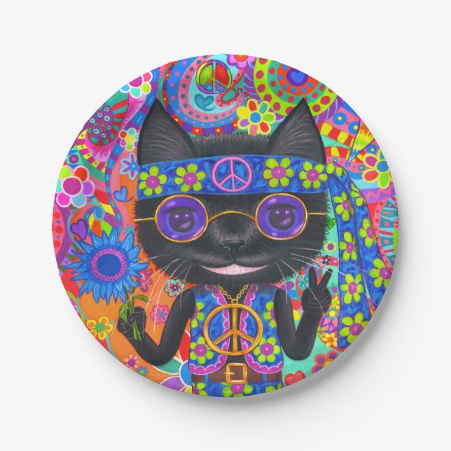Happy Hippie Cat Sunglasses Peace Sign Flower Paper Plate (Front)