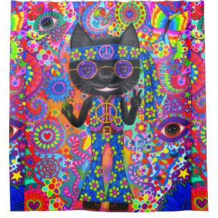 Happy Hippie Cat Sunglasses Peace Sign Flower Shower Curtain