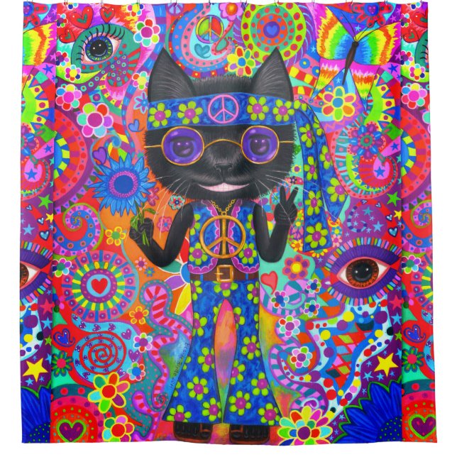 Happy Hippie Cat Sunglasses Peace Sign Flower Shower Curtain (Front)