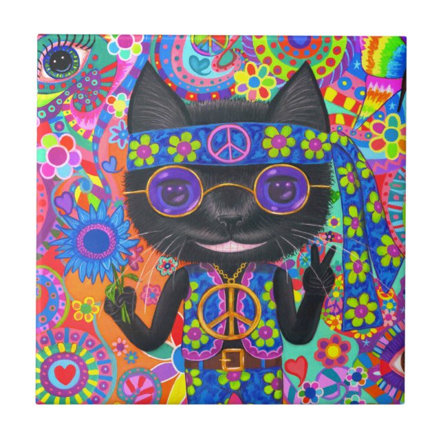 Happy Hippie Cat Sunglasses Peace Sign Flower Tile (Front)