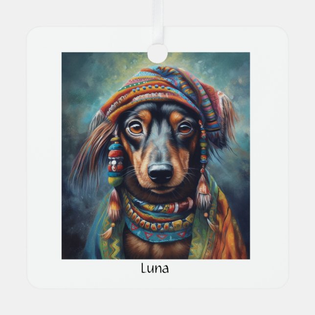 Happy Hippie Dachshund customisable Metal Tree Decoration (Front)