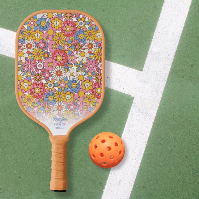 Happy Hippie Flowers Personalised Text Pickleball Paddle (Creator Uploaded)