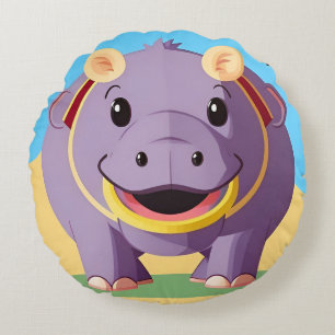 Happy Hippo Character Round Cushion