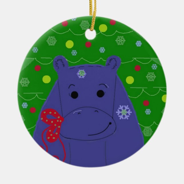 Happy Hippo Christmas Design Ceramic Tree Decoration (Front)