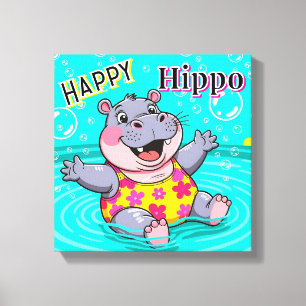 Happy Hippo   Cute Cartoon Kid's Nursery Art Canvas Print