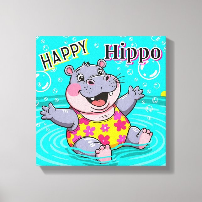 Happy Hippo | Cute Cartoon Kid's Nursery Art Canvas Print (Front)