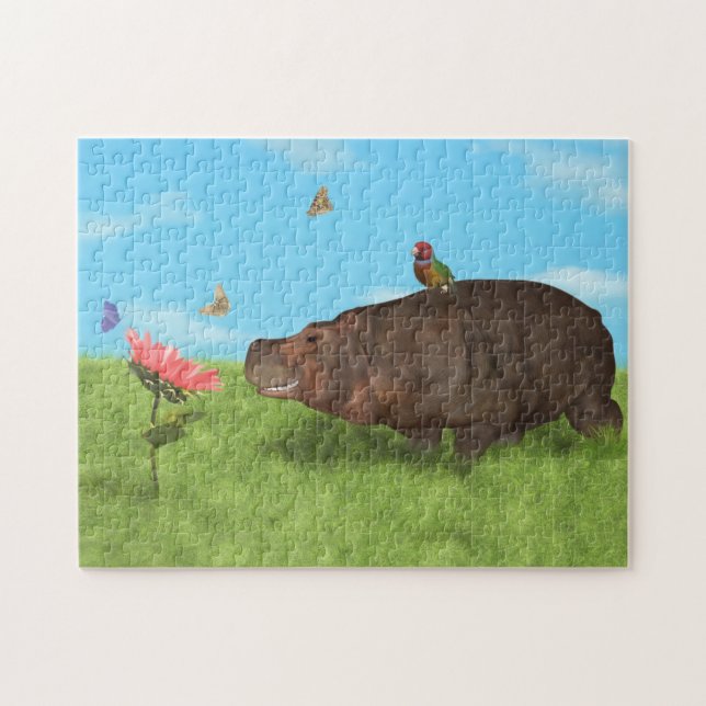 Happy Hippo, Flower, Butterflies Jigsaw Puzzle (Horizontal)
