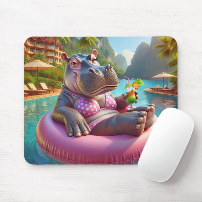 Happy Hippo With Drink Mouse Mat (With Mouse)