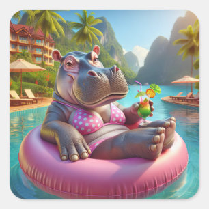 Happy Hippo With Drink Square Sticker