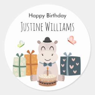 Happy Hippo with gifts and birthday cake Classic Round Sticker