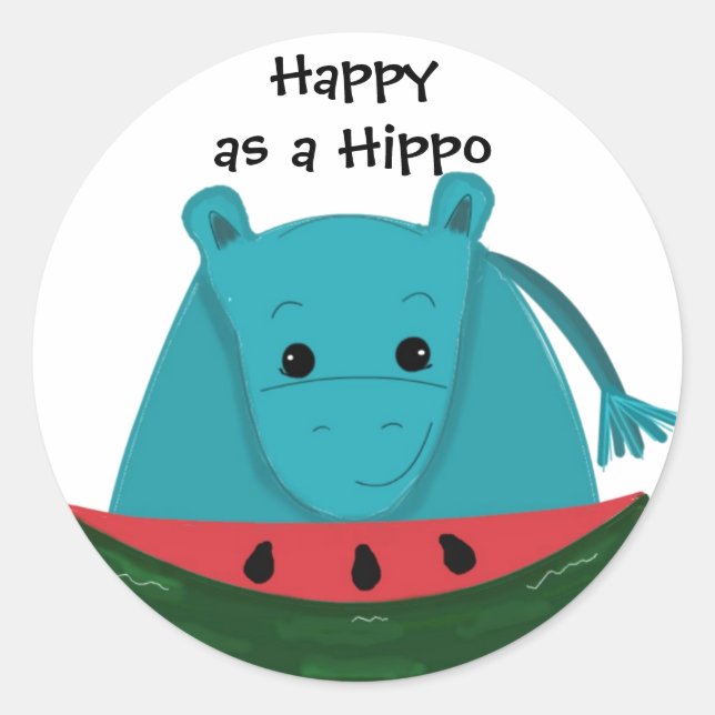 Happy Hippo with Watermelon Slice Classic Round Sticker (Front)
